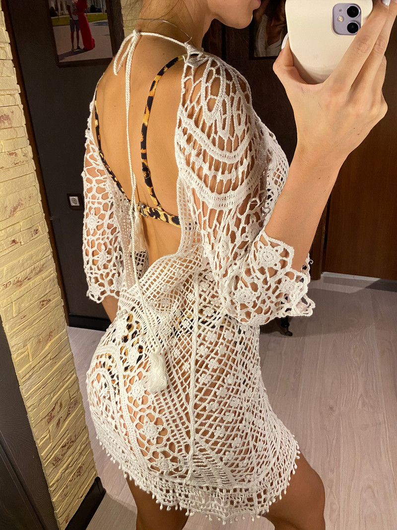 2022 Sexy dantela neagră croșetat tricotat fără spate tunică plajă acoperire acoperire rochie plajă ținute plajă îmbrăcăminte de plajă femei femei V367