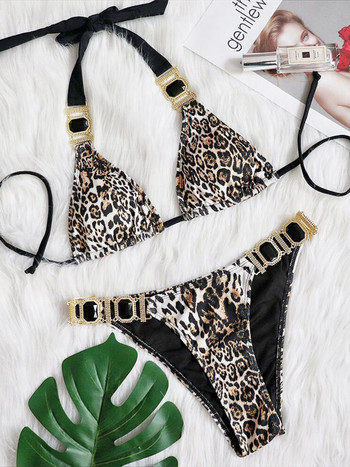 S - XL Bling Diamond Leopard Bikini Γυναικείο Μαγιό Γυναικεία Μαγιό Σετ μπικίνι δύο τεμαχίων Halter Bather Μαγιό Swim V3298