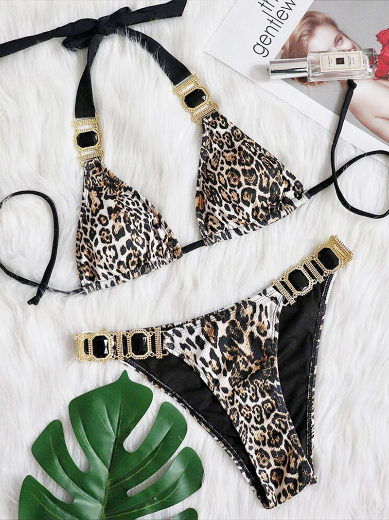 S - XL Bling Diamond Leopard Bikini Női fürdőruha Női fürdőruha Kétrészes bikini szett Halter fürdőruha Swim V3298