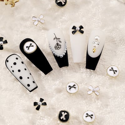 10PCS Keen French Fragrance Nail Art Decorations Alloy Elegant Black White Craft Nail Charms Part Camellia 3D Bowtie Аксесоари