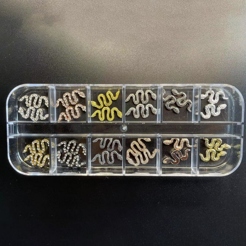 12/6 Grids Nail Metal Snake Cherry Charms Alloy Nails Art Rhinestones Πολυτελή 3D Alloy Διακόσμηση μανικιούρ Glitter Αξεσουάρ1Κουτί