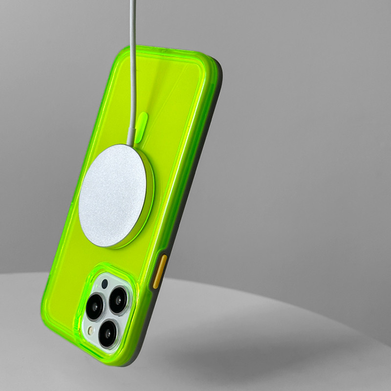 Neoonfluorestsents läbipaistev ümbris Magsafe iPhone 14 Pro Max jaoks läbipaistev magnetiline juhtmevaba laadimiskate iPhone 11 12 13 jaoks