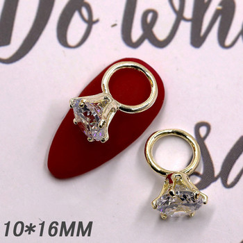 2бр. Метален пръстен с циркон върху връхчета Дизайн 3D нокти сплав Блестящи талисмани Златни сребърни нокти Кръгъл прозрачен диамантен декор с кристали 10*16 мм