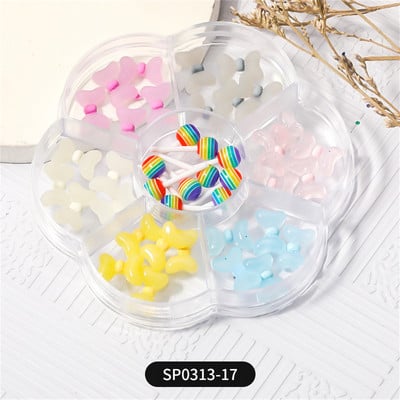 1 Virág alakú doboz Aurora Bear pillangó köröm varázsalkatrészek 3D gyümölcs puha agyag/héj/bowknot körömdíszek Manikűr kellékek B121