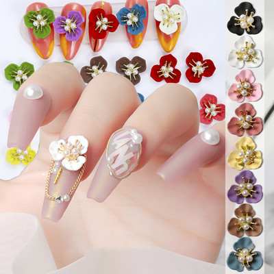 10Pcs Flowers Core Nail Charms Pearl Floret Retro Rhinestone Alloy спрей Paint Bloom 3D Charm Parts Аксесоари за маникюр 12*12mm