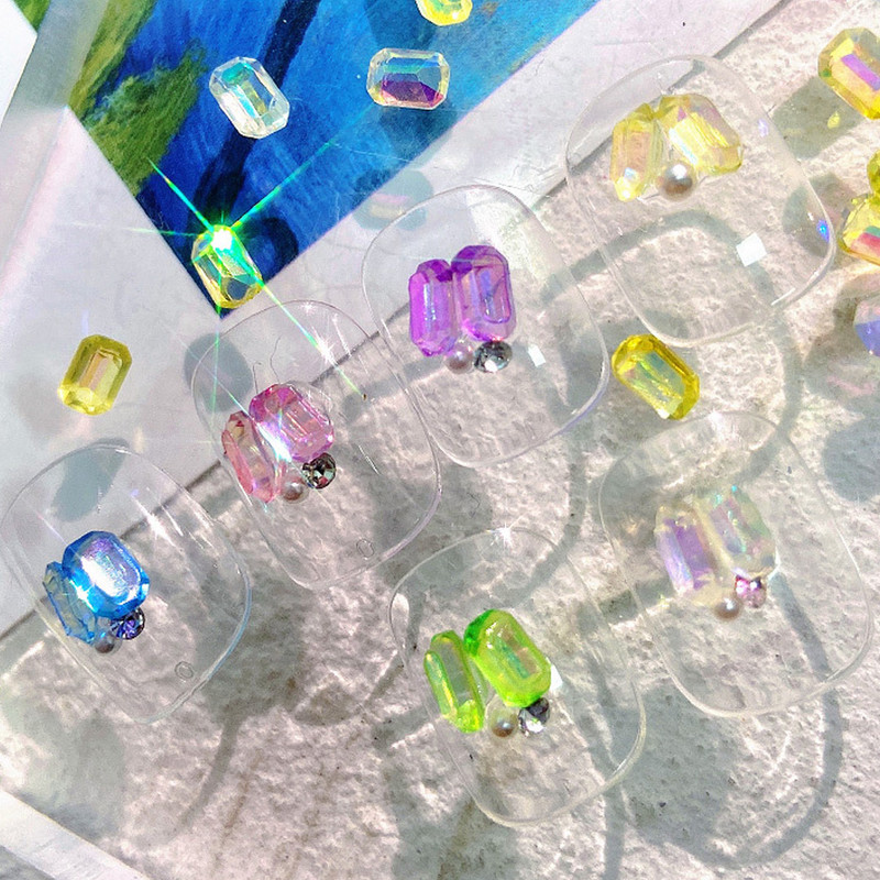 100Pcs Cube Sugar Diamond Nails Rhinestones 3D Aurora Square Magic Octagonal Gems Nail Art Аксесоари Маникюр Charms 6*4mm