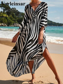 Seksi tunika s V izrezom s printom zebre Prekrivači za plažu Haljina za plažu Odjeća za plažu Duga haljina za plažu Ženske žene V4159