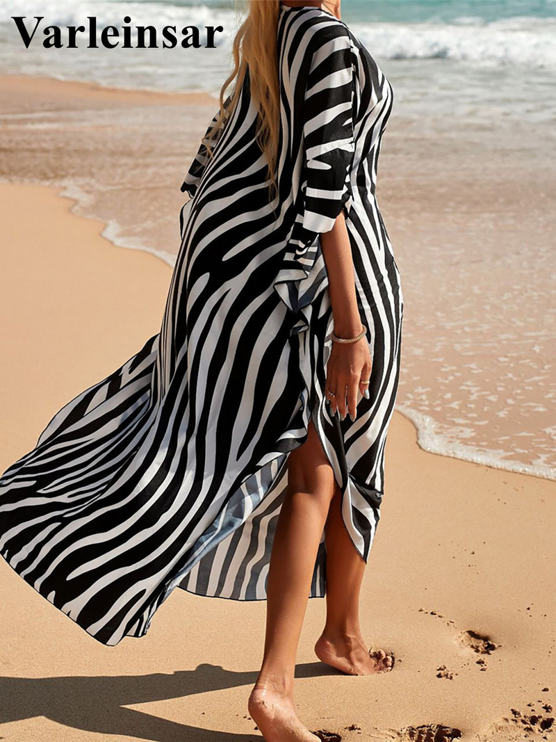 Seksi tunika s V izrezom s printom zebre Prekrivači za plažu Haljina za plažu Odjeća za plažu Duga haljina za plažu Ženske žene V4159