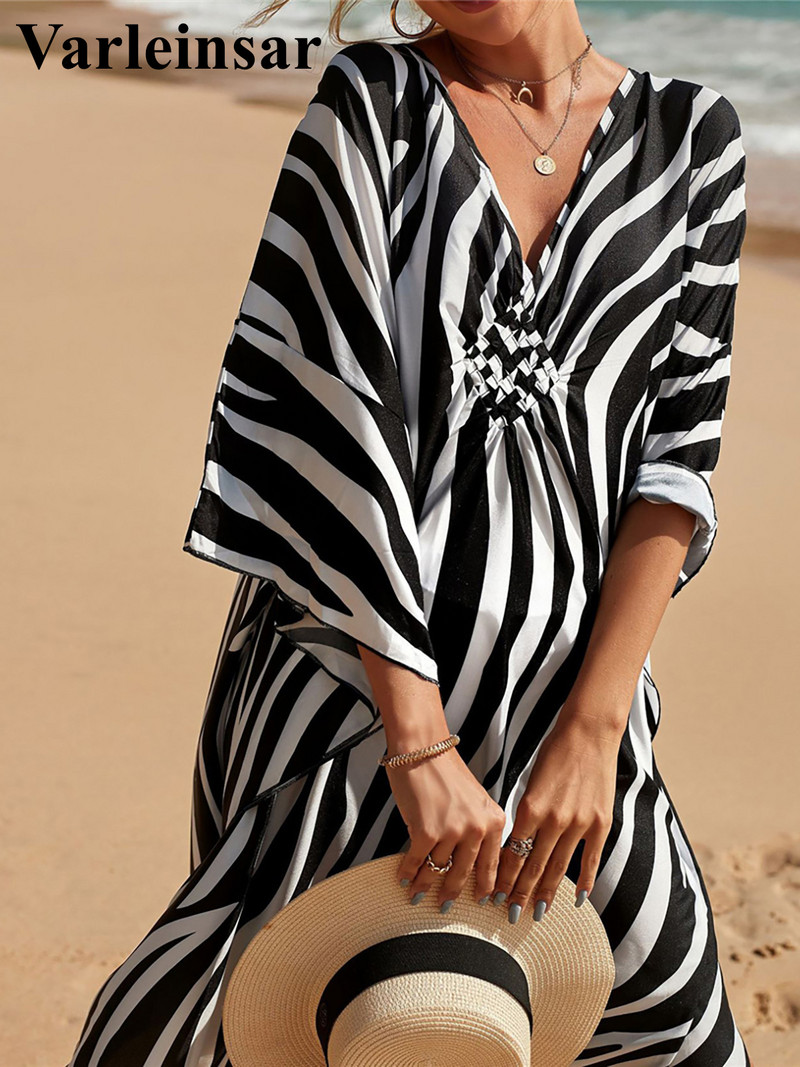 Seksi tunika s V izrezom s printom zebre Prekrivači za plažu Haljina za plažu Odjeća za plažu Duga haljina za plažu Ženske žene V4159