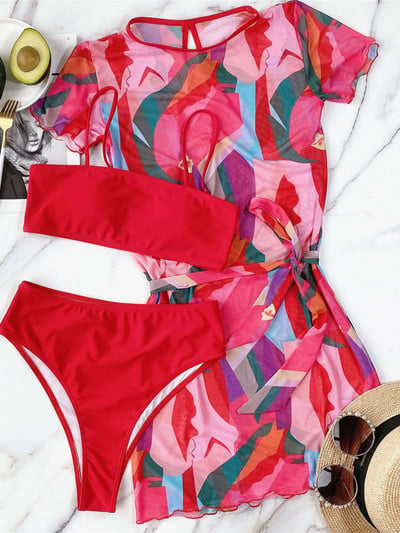 Szexi nyomott magas derekú bikini női fürdőruha Női fürdőruha Háromrészes bikini szett ruhával fürdőruha Swim V2808