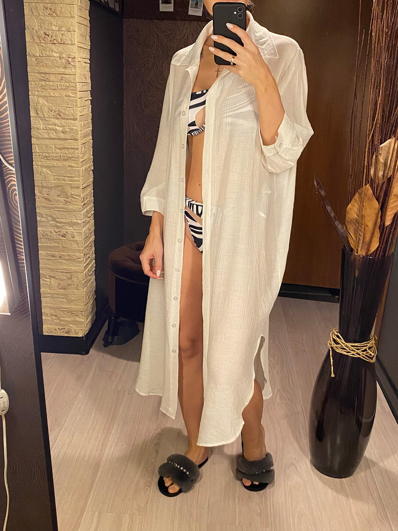 Új nyári fehér ing, hosszú ujjú felső Pamut tunika Beach Cover Up Takarók Strandruha Strandruha Strandruha Női Női V4249