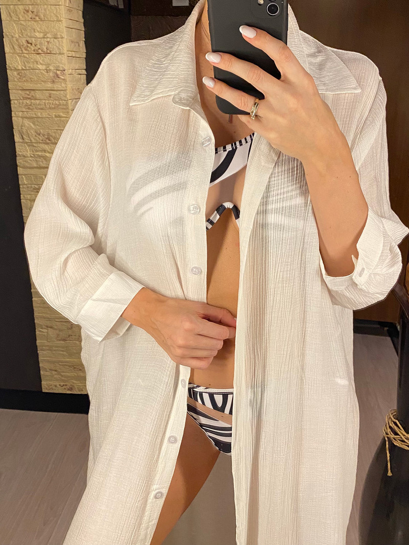 Új nyári fehér ing, hosszú ujjú felső Pamut tunika Beach Cover Up Takarók Strandruha Strandruha Strandruha Női Női V4249