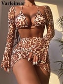 Leopard szoknyával, hosszú ujjú bikini női fürdőruha Női fürdőruha Háromrészes bikini szett fürdőruha Swim Lady V4088