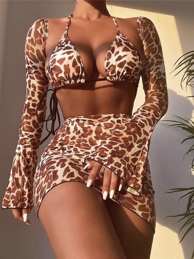 Leopard szoknyával, hosszú ujjú bikini női fürdőruha Női fürdőruha Háromrészes bikini szett fürdőruha Swim Lady V4088