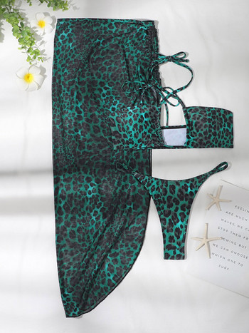 Νέο Leopard Halter με Sarong Μπικίνι Γυναικείο Μαγιό Γυναικεία Μαγιό Σετ μπικίνι τριών τεμαχίων Bather Μαγιό Swim Lady V3522