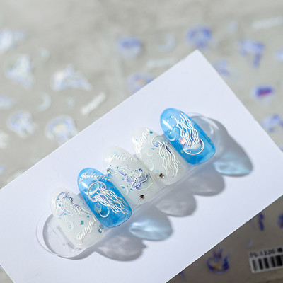 5D színes kagyló ragasztó köröm matrica Ocean World ultravékony tengeri csillag medúza kagyló dombornyomott csúszó köröm matricák 10,3*8 cm