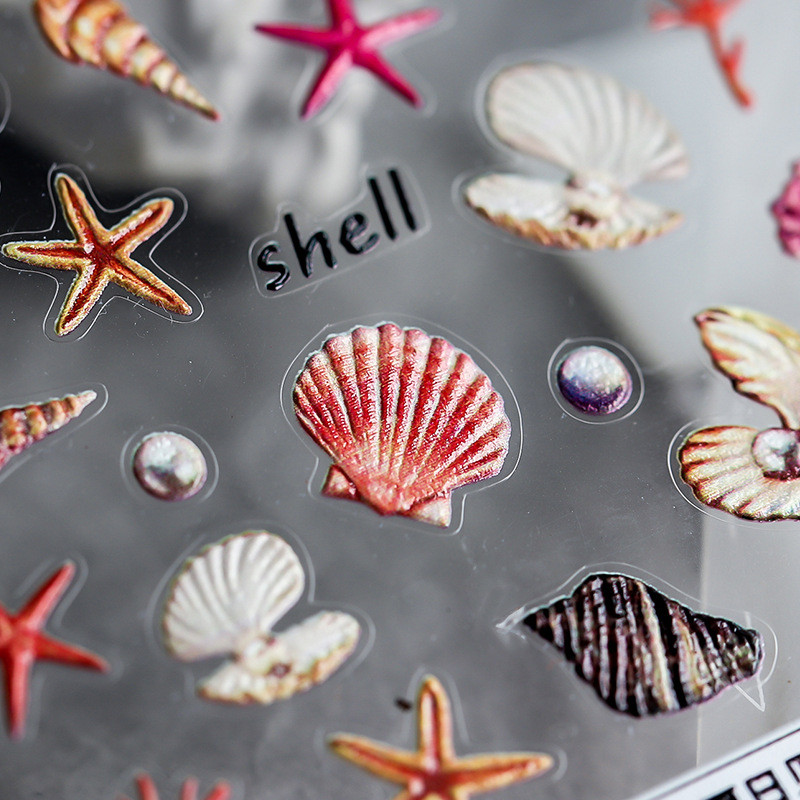 5D színes kagyló ragasztó köröm matrica Ocean World ultravékony tengeri csillag medúza kagyló dombornyomott csúszó köröm matricák 10,3*8 cm