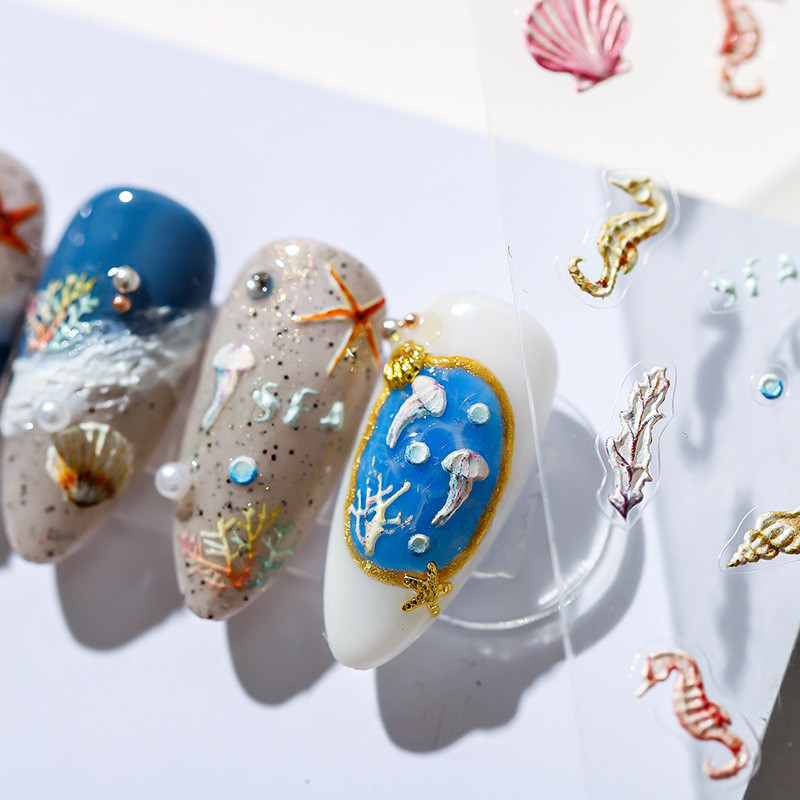 5D színes kagyló ragasztó köröm matrica Ocean World ultravékony tengeri csillag medúza kagyló dombornyomott csúszó köröm matricák 10,3*8 cm