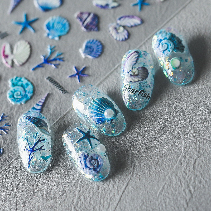 5D színes kagyló ragasztó köröm matrica Ocean World ultravékony tengeri csillag medúza kagyló dombornyomott csúszó köröm matricák 10,3*8 cm