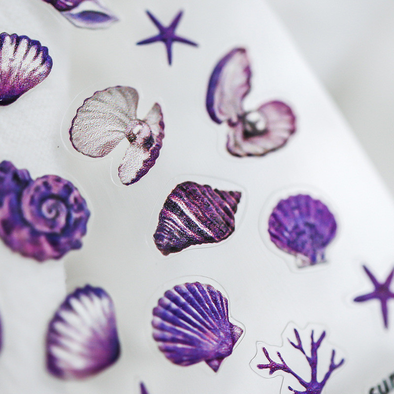 5D színes kagyló ragasztó köröm matrica Ocean World ultravékony tengeri csillag medúza kagyló dombornyomott csúszó köröm matricák 10,3*8 cm