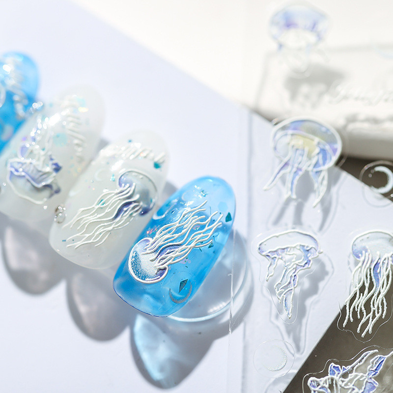 5D színes kagyló ragasztó köröm matrica Ocean World ultravékony tengeri csillag medúza kagyló dombornyomott csúszó köröm matricák 10,3*8 cm