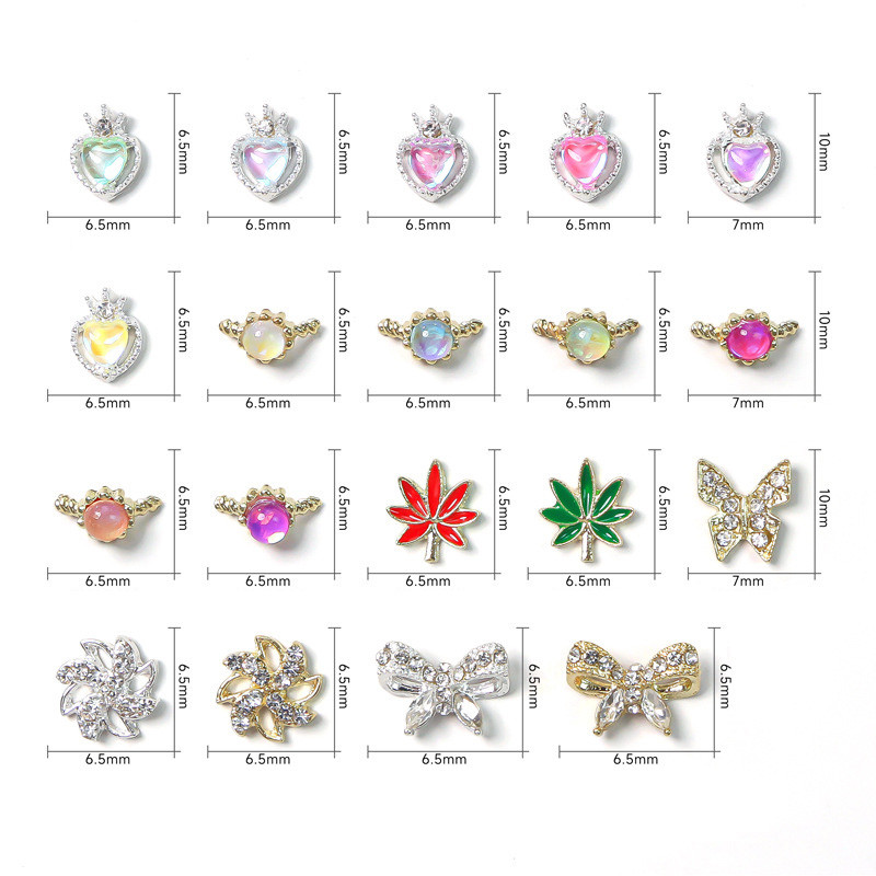 10 vnt Širdies nagų pakabukai Prabangūs saldainių spalvos dizainerių lydinio deimantiniai nagai cirkonio dekorai 3D persikų širdies klevo lapų nagų dalys