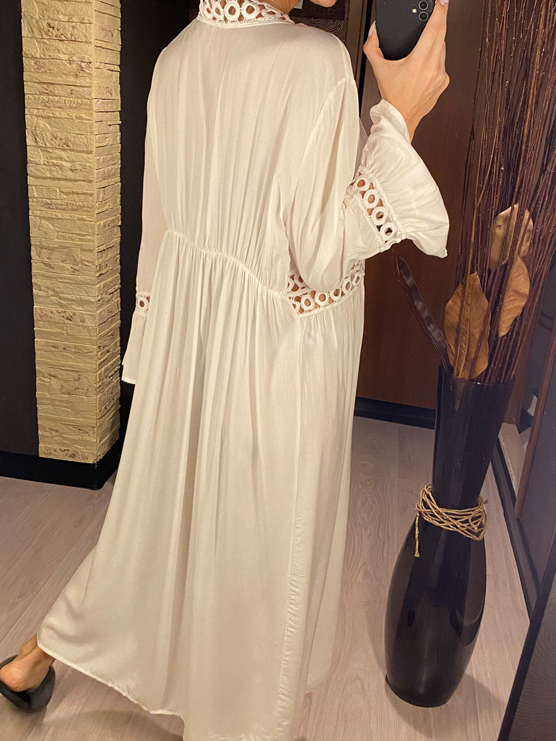 V nyakú, hosszú ujjú, üreges, fehér horgolt kötött tunika Beach Cover Up Takarók Strandruha Strandruha Strandruha Női V4248