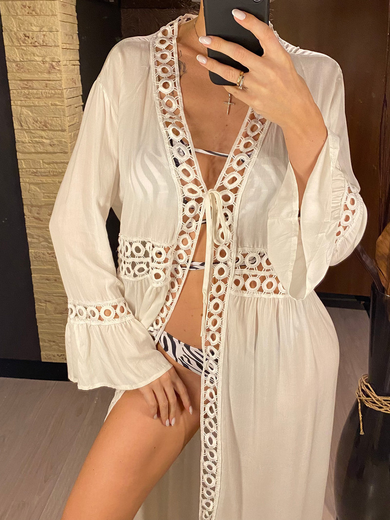 V nyakú, hosszú ujjú, üreges, fehér horgolt kötött tunika Beach Cover Up Takarók Strandruha Strandruha Strandruha Női V4248