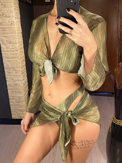 Su Sarong ilgomis rankovėmis apynasriu bikini moterišku maudymosi kostiumėliu Moteriški maudymosi kostiumėliai Keturių dalių bikinio rinkinys Maudymosi kostiumėlis Swim Lady V4154