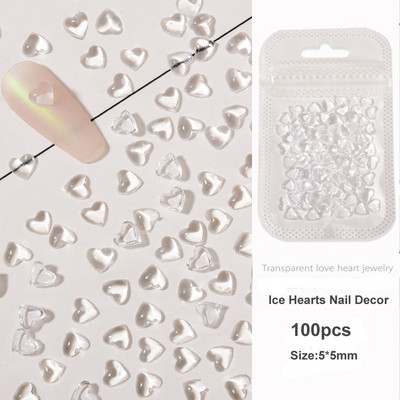 100 vnt Clear Love Heart Nail Art Charms Skaidrūs krištolo dervos nagų dekorai Želė Kalnų krištolo skaistalų efekto papuošalai manikiūrui