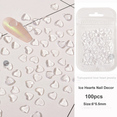 100 vnt Clear Love Heart Nail Art Charms Skaidrūs krištolo dervos nagų dekorai Želė Kalnų krištolo skaistalų efekto papuošalai manikiūrui