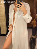 Nyári hosszú ujjú V nyakú fehér ing pamut tunika Beach Cover Up Takarók Strandruha Strandruha Strandruha Női Női V4247