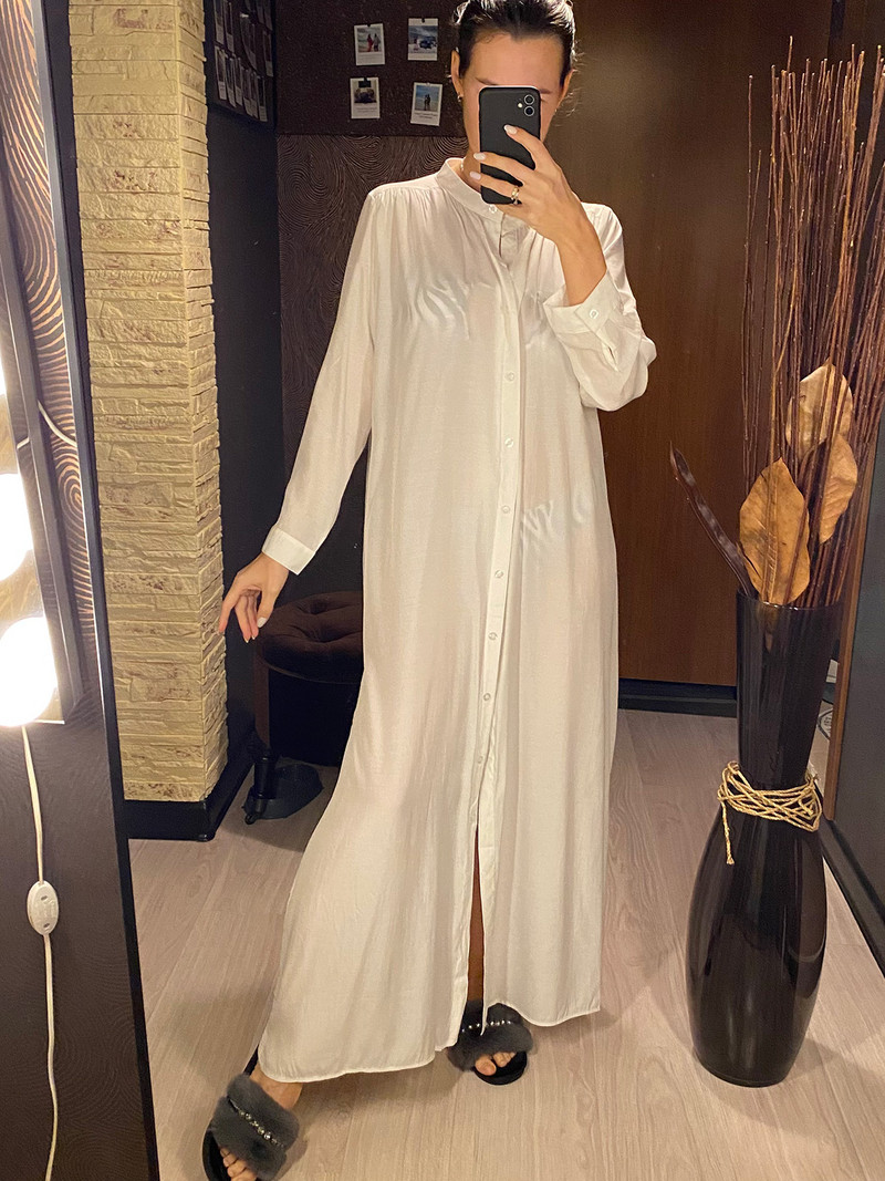 Nyári hosszú ujjú V nyakú fehér ing pamut tunika Beach Cover Up Takarók Strandruha Strandruha Strandruha Női Női V4247