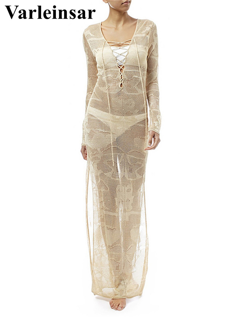 3 spalvų nerti megzti nėriniai ilgomis rankovėmis Tunika Paplūdimio apdangalai Paplūdimio suknelė Paplūdimio drabužiai Moteriški paplūdimio drabužiai V4146