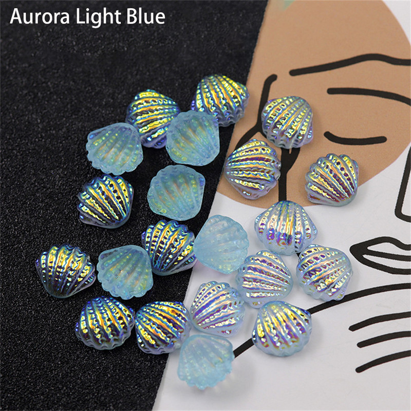 20vnt Aurora Shell Nail Art Rhinestones Charms Dalys 3D Shinny Beach Mermaid Spalvotos dervos nagai Korėjietiško manikiūro dekoras 10*11.5mm