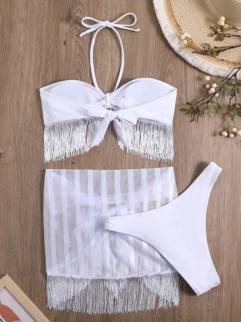 Szexi Sarong Fringe Bojttal Bikini Női fürdőruha Női fürdőruha Háromrészes bikini szett fürdőruha Swim Lady V4078