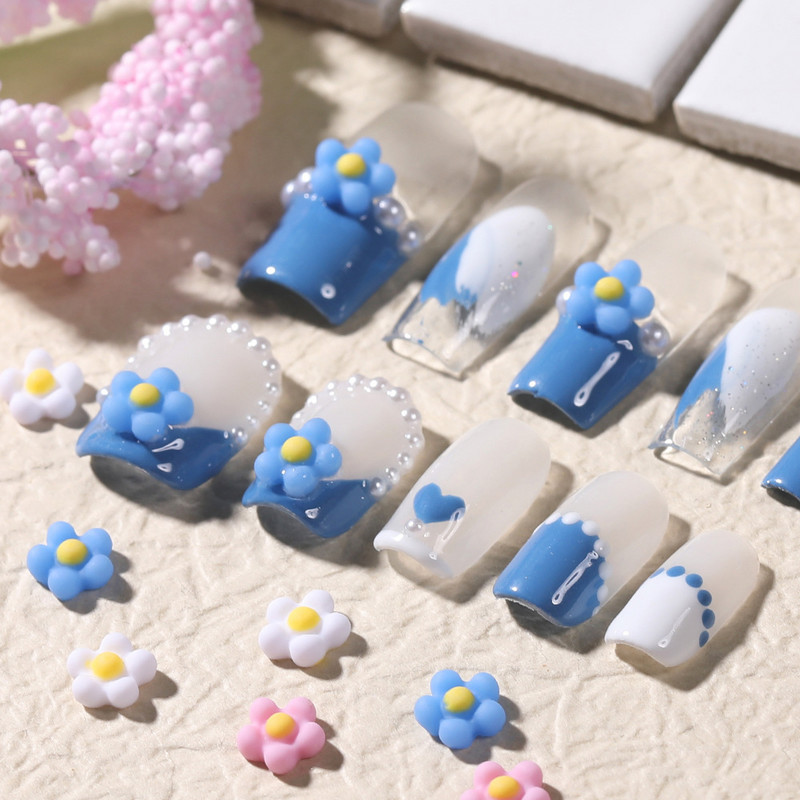 50vnt japoniškų margučių nagų dekoracijos dervos gėlės papuošalai 3D mini florets derva Kawaii rožinė balta nagų dailės priedai 5 mm