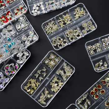 1Box Mix Styles 3D луксозни бижута Nail Art Rhinestone Gems Златна метална сплав Butterfly Nail Charms Направи си сам блестящи диамантени декорации