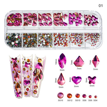 12 решетки/кутия Цветни кристални кристали за ноктопластика Акрилни камъни SS4-SS16 Блестящи бижута с плоски гръб 3D Направи си сам декорация за ноктопластика