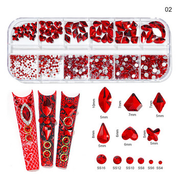 12 решетки/кутия Цветни кристални кристали за ноктопластика Акрилни камъни SS4-SS16 Блестящи бижута с плоски гръб 3D Направи си сам декорация за ноктопластика