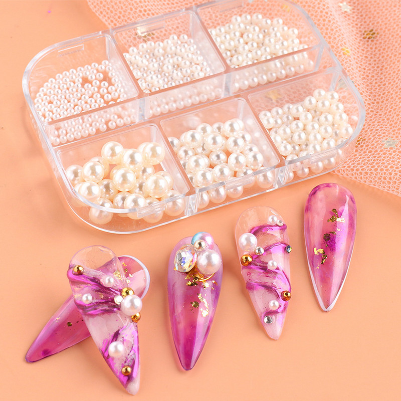Charms Pearl Nail Art Dekorációk Fehér Lila Arany Acélgyöngyök Golyós 3D Köröm Ékszerek Kristály Strasszkövek Barkács manikűr TR6ZZ01-17