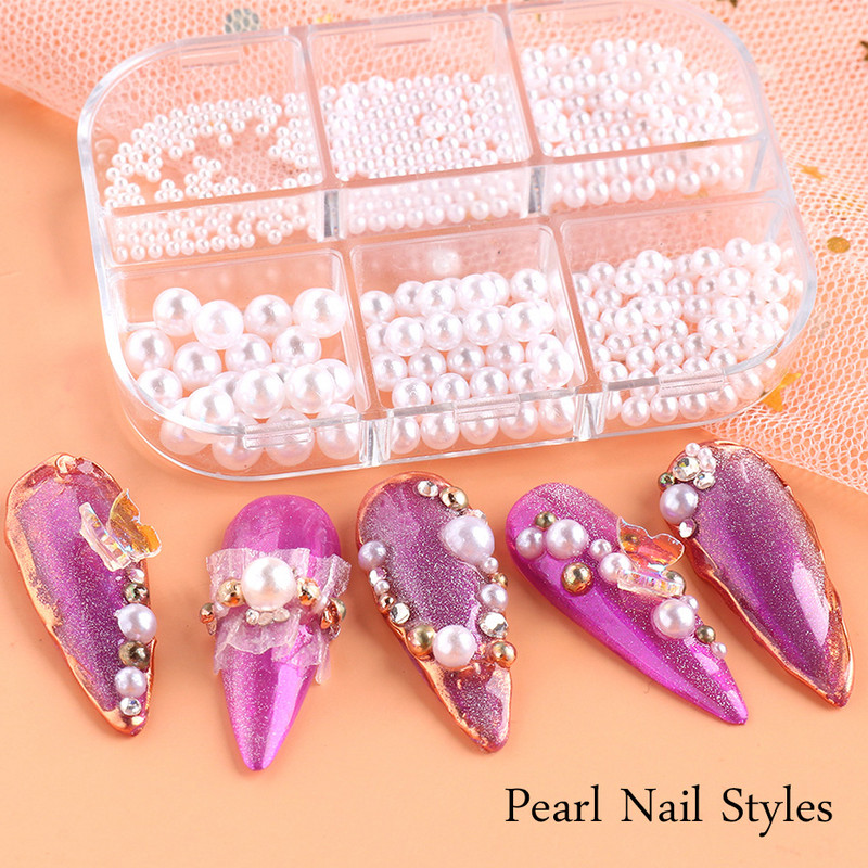 Charms Pearl Nail Art Dekorációk Fehér Lila Arany Acélgyöngyök Golyós 3D Köröm Ékszerek Kristály Strasszkövek Barkács manikűr TR6ZZ01-17