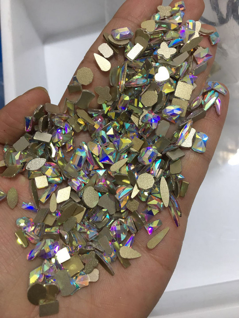 100db AB átlátszó strassz 4-10mm körömdíszítő formájú felső Crystal AB cseh kristály strassz lapos hátú hosszúkás üvegkövek ZZ15244