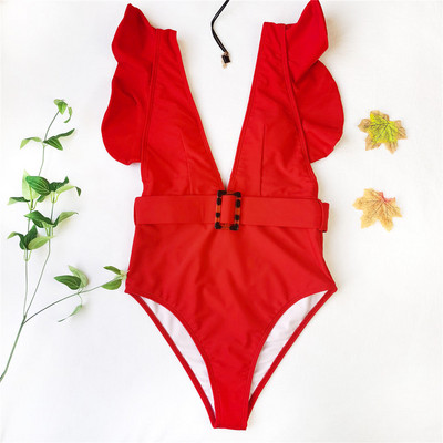Új szexi fodros fehér mély V egyrészes fürdőruha női fürdőruha övvel Monokini fürdőruha Swim Lady V2198