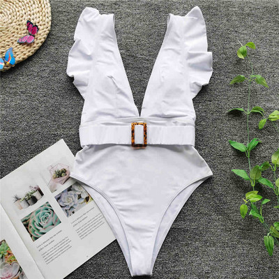 Új szexi fodros fehér mély V egyrészes fürdőruha női fürdőruha övvel Monokini fürdőruha Swim Lady V2198