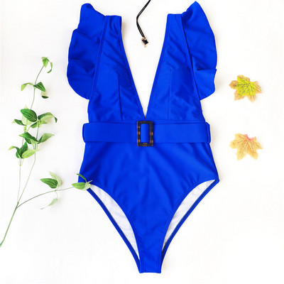 Új szexi fodros fehér mély V egyrészes fürdőruha női fürdőruha övvel Monokini fürdőruha Swim Lady V2198