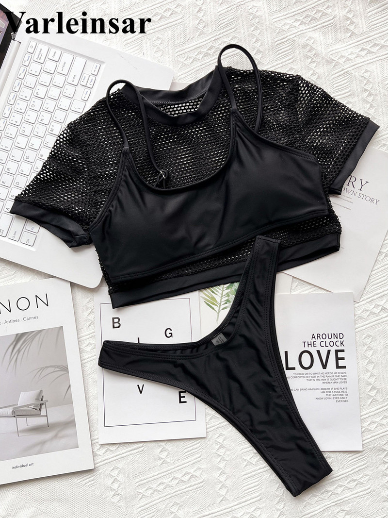 Seksi mrežasti bikini kratkih rukava Ženski kupaći kostim Ženski kupaći kostim Trodijelni bikini komplet Kupaći kostim Swim Lady V3595