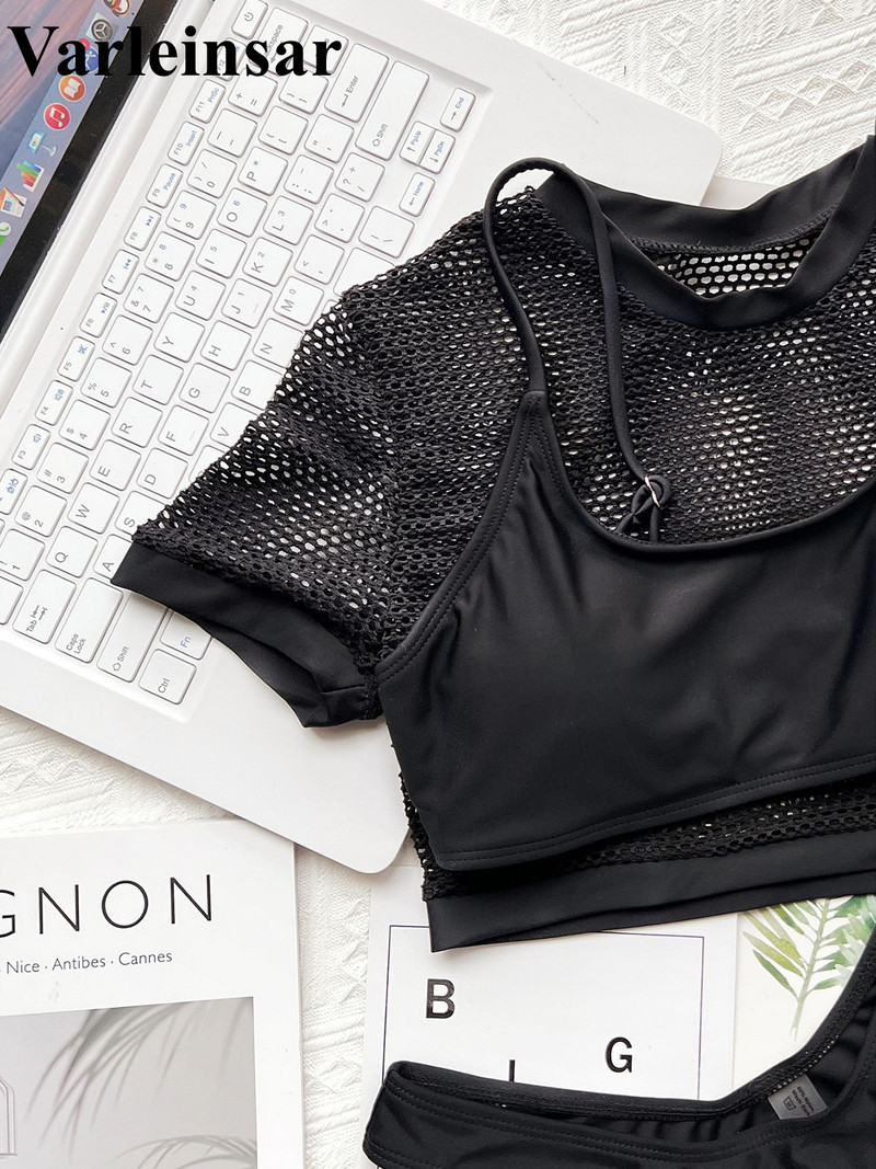 Seksi mrežasti bikini kratkih rukava Ženski kupaći kostim Ženski kupaći kostim Trodijelni bikini komplet Kupaći kostim Swim Lady V3595