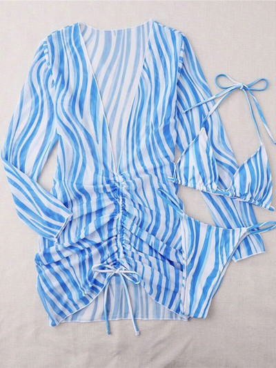 Hosszú ujjú ruhával Csíkos bikini női fürdőruha Női fürdőruha Háromrészes bikini szett fürdőruha Swim Lady V4163