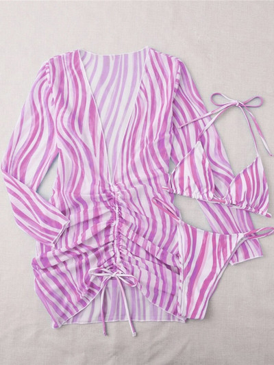Hosszú ujjú ruhával Csíkos bikini női fürdőruha Női fürdőruha Háromrészes bikini szett fürdőruha Swim Lady V4163